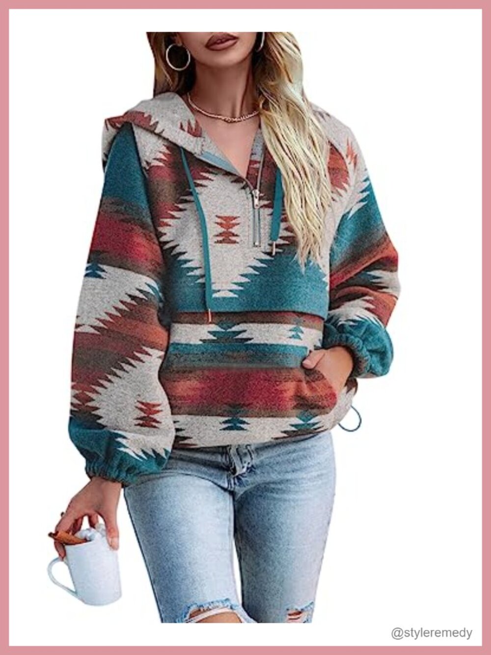 Womens Aztec Western Zip Up Hoodie Sweatshirt Boho Pullover Top